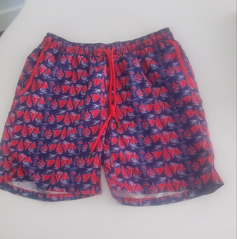Mr.Swim Red and Blue Sailboat Pattern Shorts Large Lined